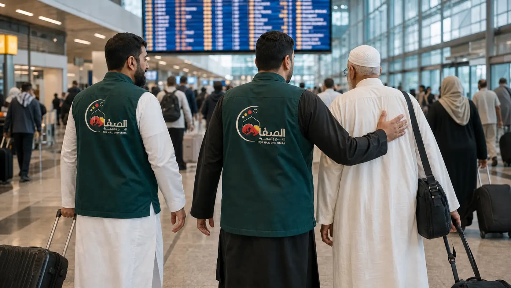 Zwei As-Safa Reisebegleiter unterstützen einen älteren Pilger am Flughafen